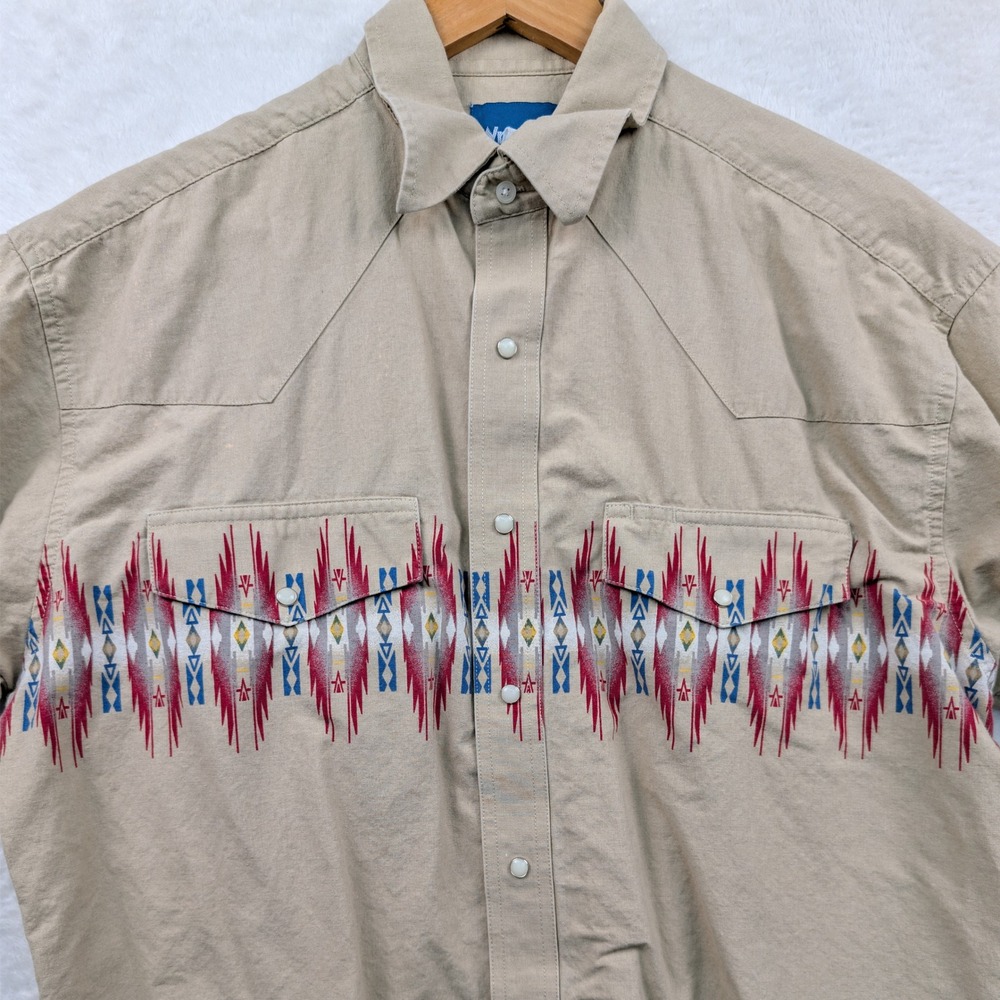 VTG Wrangler Shirt Men's XL Tan Aztec Button Down Western Pearl Snap Cowboy 90s - Picture 6 of 13